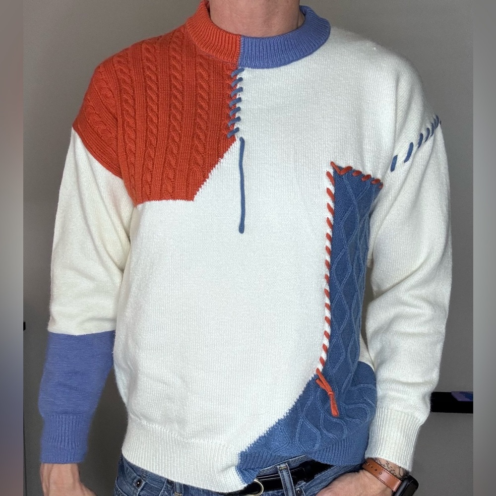 Stylish Colorblock Sweater with Blue, Red, and White Accents